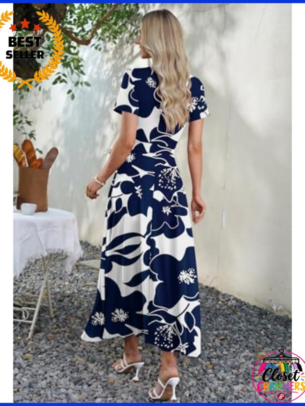 Women's Floral Wrap Maxi Dress Short Sleeve V-Neck Beach Vacation Casual - Picture 5 of 6